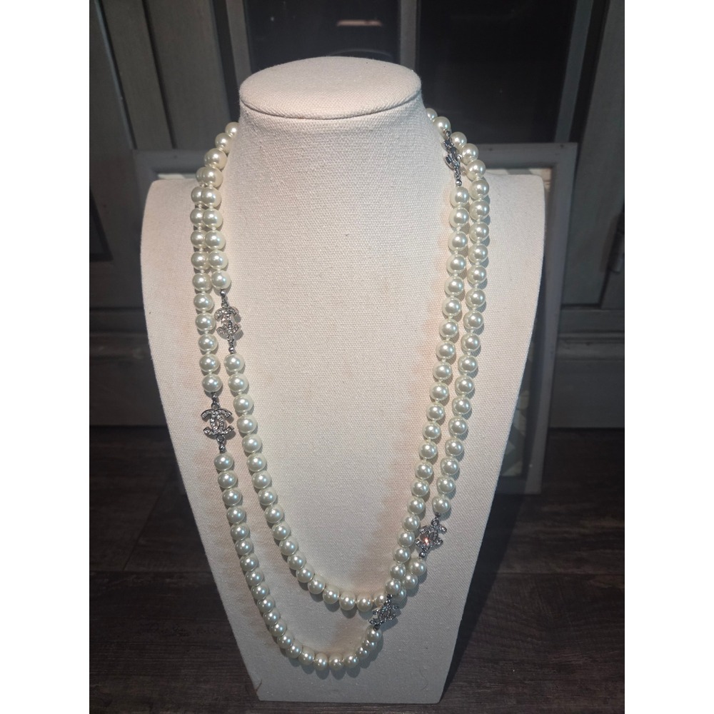 Vintage Style Double Strand Faux Pearl Necklace Silver Crystal CC Logos Stunning
